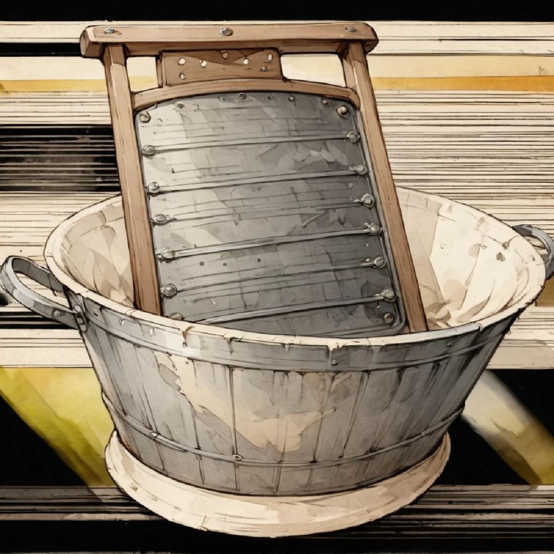 Old-fashioned washboard in a wooden laundry basket